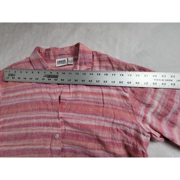 Chico's Design Women Size 3 Pink White Striped Button-Up Linen Shirt Long Sleeve - Picture 5 of 7